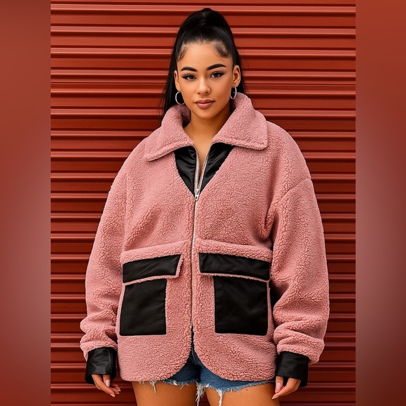Jackets & Blazers - Women's Pink and Black Sherpa Jacket